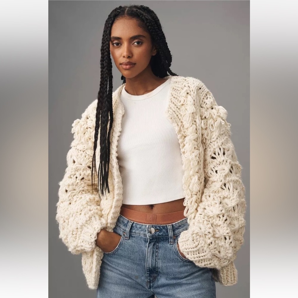 Anthropologie Loopy Shine Cardigan Sweater Shaggy Thick Cream Ivory